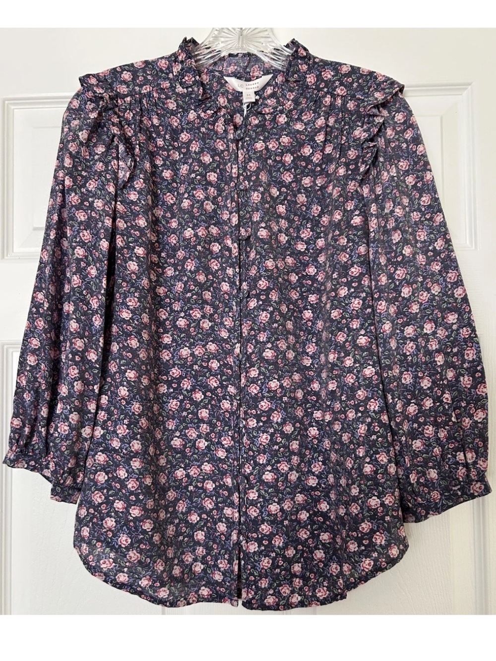 LC Lauren Conrad Button-Front Ruffle Cotton Blouse Floral Size Medium